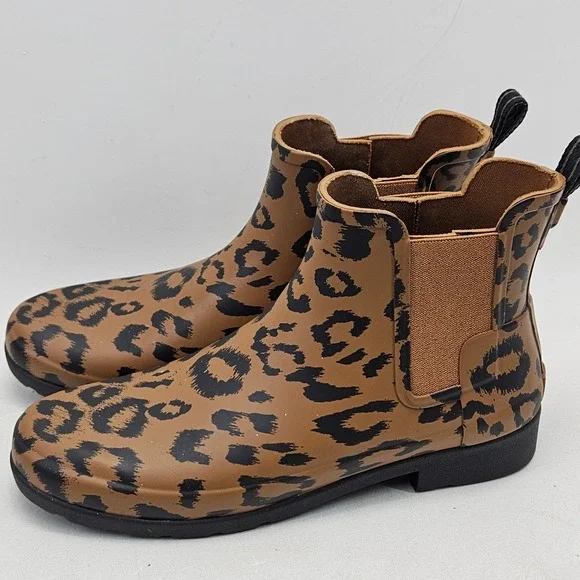 Hunter Original Refined Chelsea Leopard Print Rain Boots Tan Black US 10 UK 8 - Picture 3 of 11